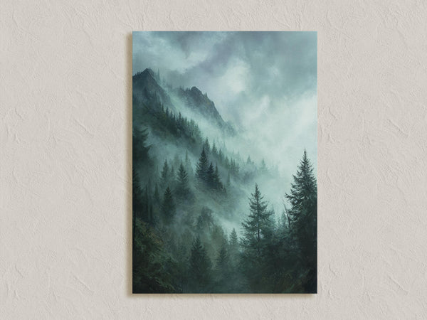 Canvas wall art of emerald and teal mountains with evergreens. A mystical, tranquil landscape print. Ready to hang.