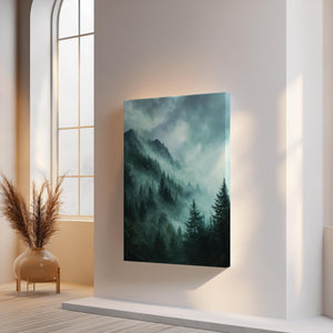 Emerald mountain canvas wall art styled in a calm neutral interior
