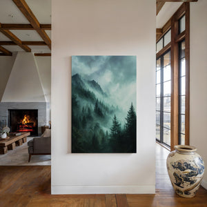 Emerald mountain canvas wall art styled in a calm neutral interior