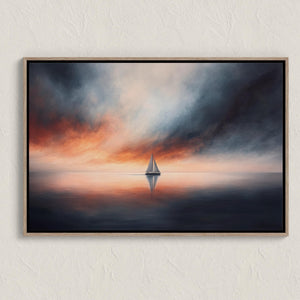 Canvas wall art of a sailboat at sunset with stormy skies. A dramatic ocean print balancing calm and intensity. Ready to hang.