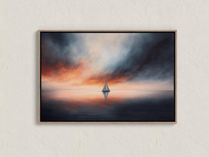 Sailboat sunset canvas wall art with glowing amber sky and calm ocean water