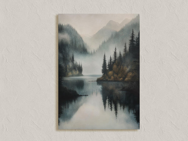 Canvas wall art of a misty lake with mountains and forest. Calming watercolour-inspired tones, ready to hang.