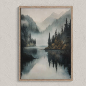 Canvas wall art of a misty lake with mountains and forest. Calming watercolour-inspired tones, ready to hang.