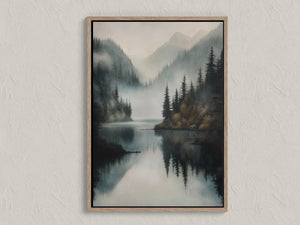 Misty lake canvas wall art with mountain reflections and autumn tones