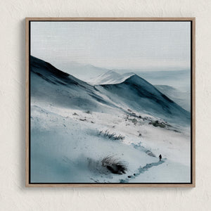 Canvas wall art of snow-covered mountains in soft watercolour tones. A calm, minimalist mountain print, ready to hang.