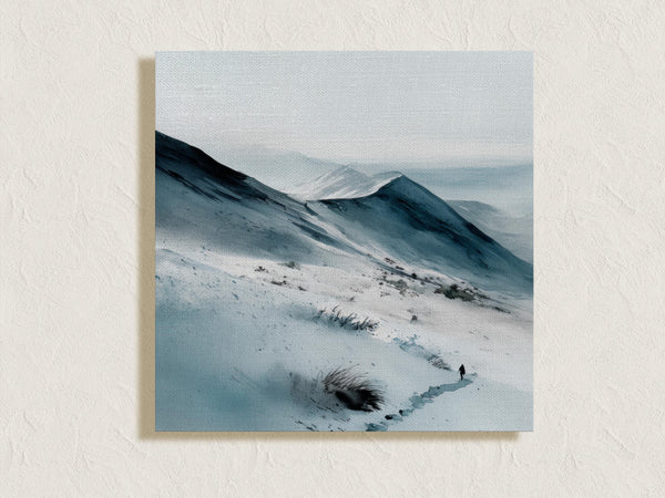 Canvas wall art of snow-covered mountains in soft watercolour tones. A calm, minimalist mountain print, ready to hang.