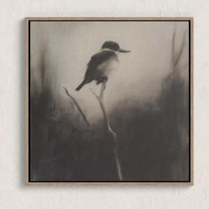 Canvas wall art of a solitary kingfisher on a branch. A monochrome charcoal bird print, framed or unframed. Ready to hang.
