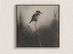 Monochrome kingfisher canvas wall art with bird on slender branch