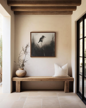 Kingfisher canvas wall art styled in a calm neutral interior