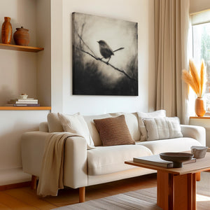 Robin canvas wall art styled in a calm neutral interior