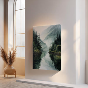 Mountain lake canvas wall art styled in a calm neutral interior