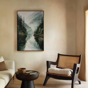 Canvas wall art of a misty mountain lake with evergreens. A tranquil watercolour-inspired landscape, ready to hang.