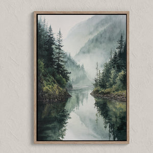Canvas wall art of a misty mountain lake with evergreens. A tranquil watercolour-inspired landscape, ready to hang.