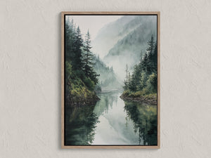 Mountain lake canvas wall art with misty evergreens and soft watercolour tones