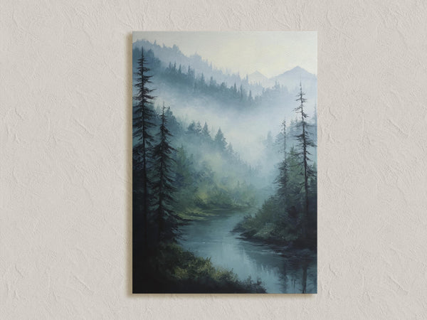 Canvas wall art of misty mountains, pines, and a calm river. A tranquil forest print in soft blues and greens. Ready to hang.