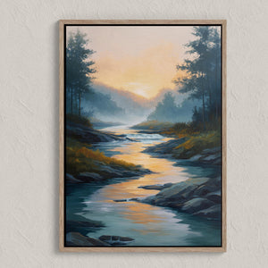 Canvas wall art of a sunrise over a misty river and forest. A calming watercolour-inspired print, ready to hang.
