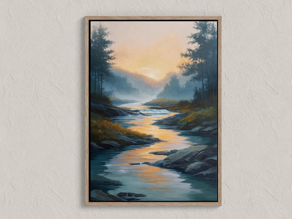 Canvas wall art of a sunrise over a misty river and forest. A calming watercolour-inspired print, ready to hang.
