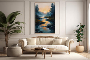 Watercolour mountain painting with sunrise over misty river and forest, evoking calm and golden morning light