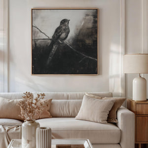 Canvas wall art of a solitary nightjar in monochrome. A contemplative charcoal bird print, ready to hang.