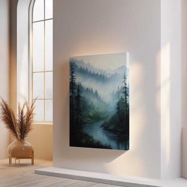 Canvas wall art of misty mountains, pines, and a calm river. A tranquil forest print in soft blues and greens. Ready to hang.