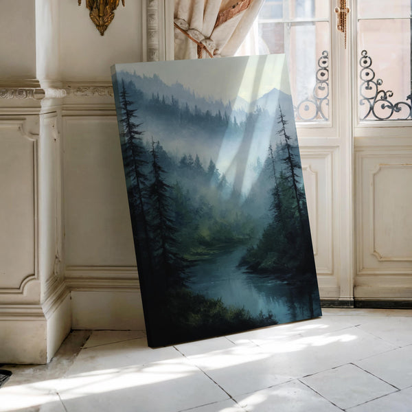 Canvas wall art of misty mountains, pines, and a calm river. A tranquil forest print in soft blues and greens. Ready to hang.