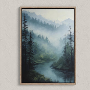 Canvas wall art of misty mountains, pines, and a calm river. A tranquil forest print in soft blues and greens. Ready to hang.
