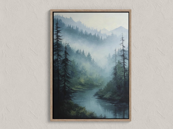 Canvas wall art of misty mountains, pines, and a calm river. A tranquil forest print in soft blues and greens. Ready to hang.