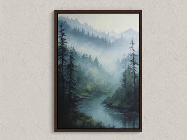 Canvas wall art of misty mountains, pines, and a calm river. A tranquil forest print in soft blues and greens. Ready to hang.