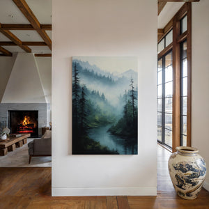 Forest river canvas wall art styled in a calm neutral interior