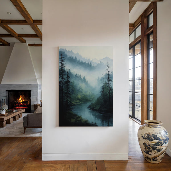 Canvas wall art of misty mountains, pines, and a calm river. A tranquil forest print in soft blues and greens. Ready to hang.