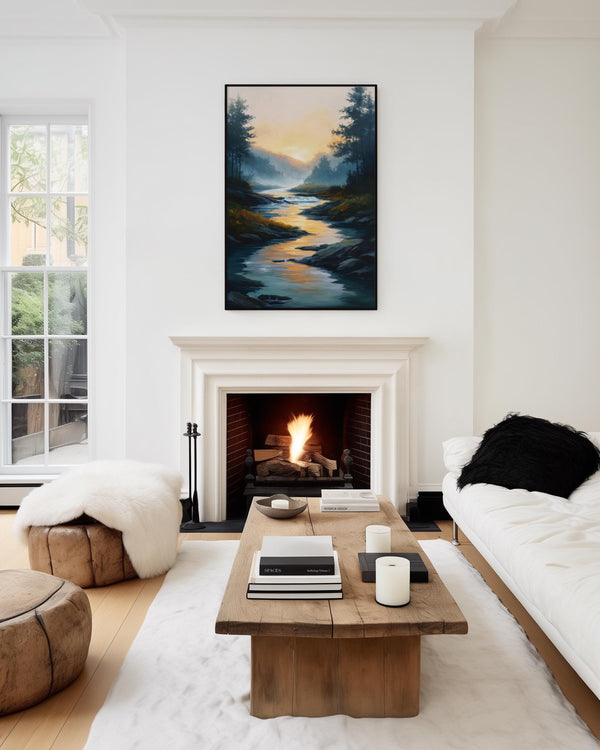 Canvas wall art of a sunrise over a misty river and forest. A calming watercolour-inspired print, ready to hang.