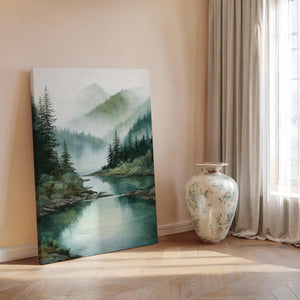 Misty mountain canvas wall art styled in a calm neutral interior