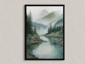 Framed misty mountain canvas wall art by Atelier Lumin