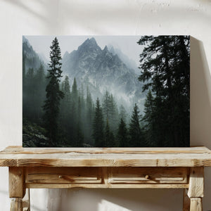 Mountain forest canvas wall art styled in a calm neutral interior