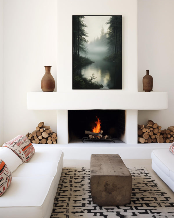 Canvas wall art of a forest with evergreens, river, and mist. A tranquil watercolour landscape print, ready to hang.