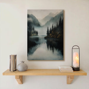 Misty mountain lake canvas wall art styled in a calm neutral interior