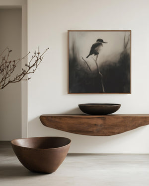 Kingfisher canvas wall art styled in a calm neutral interior