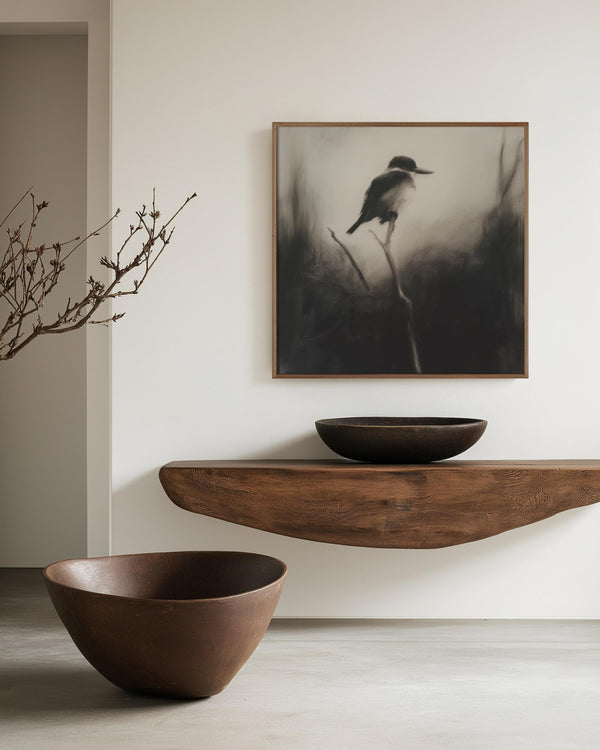 Canvas wall art of a solitary kingfisher on a branch. A monochrome charcoal bird print, framed or unframed. Ready to hang.