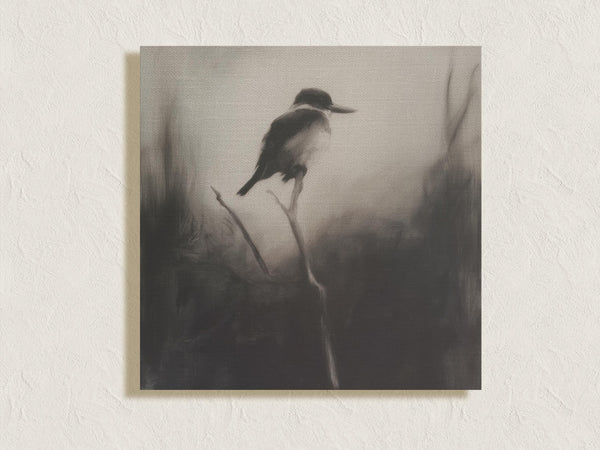 Canvas wall art of a solitary kingfisher on a branch. A monochrome charcoal bird print, framed or unframed. Ready to hang.