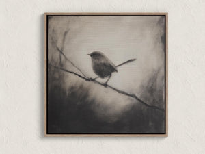 Monochrome robin canvas wall art with bird on slender branch