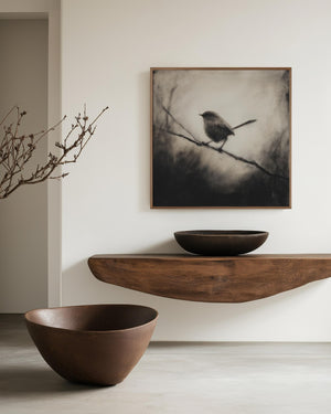 Robin canvas wall art styled in a calm neutral interior