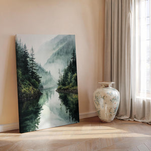 Mountain lake canvas wall art styled in a calm neutral interior