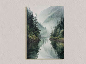 Unframed tranquil mountain lake canvas print with evergreen reflections