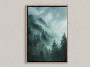 Teal mountain canvas wall art with misty evergreens and emerald tones