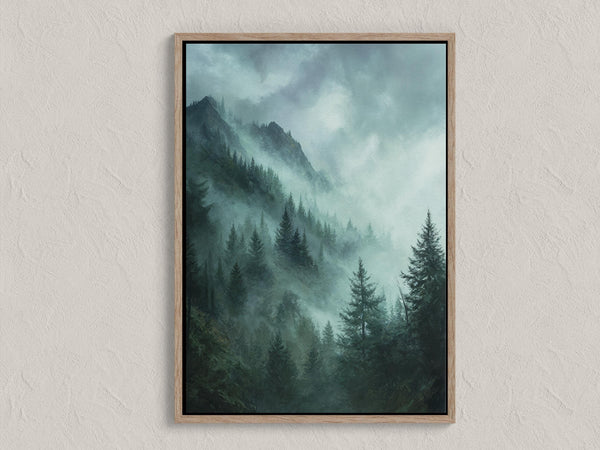 Canvas wall art of emerald and teal mountains with evergreens. A mystical, tranquil landscape print. Ready to hang.