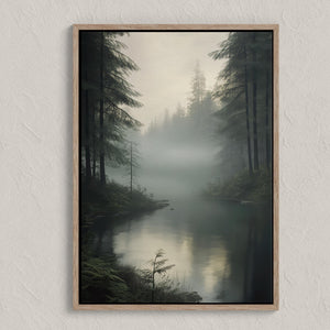 Canvas wall art of a forest with evergreens, river, and mist. A tranquil watercolour landscape print, ready to hang.