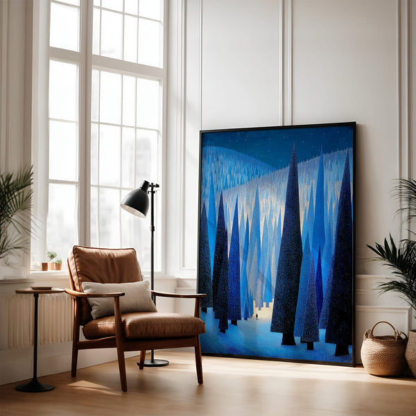 Large black-framed blue forest artwork leaning beside a brown armchair and floor lamp.