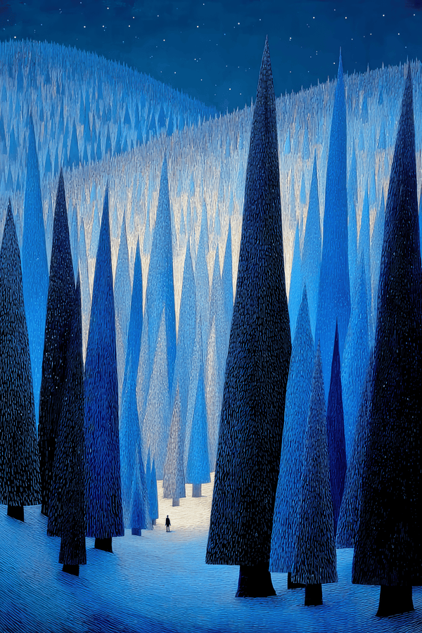 Illustrated blue night forest with tall dark conifers, a small figure on a snowy path and stars overhead