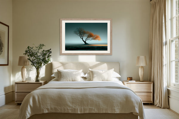 Leaning Light tree artwork in a pale wood frame above a bed with white linens.