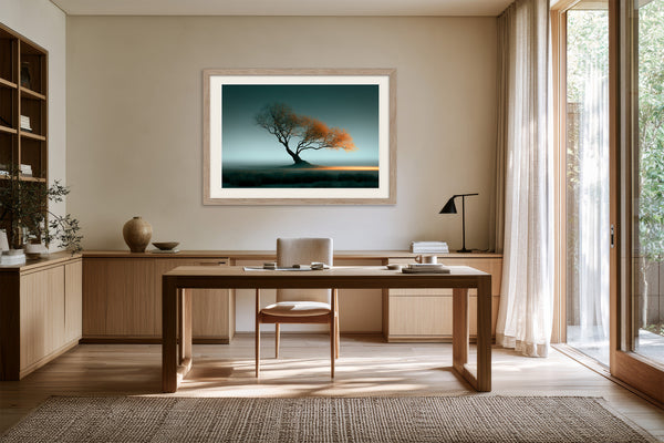Framed Leaning Light tree artwork above a wooden desk near tall windows and sheer curtains.